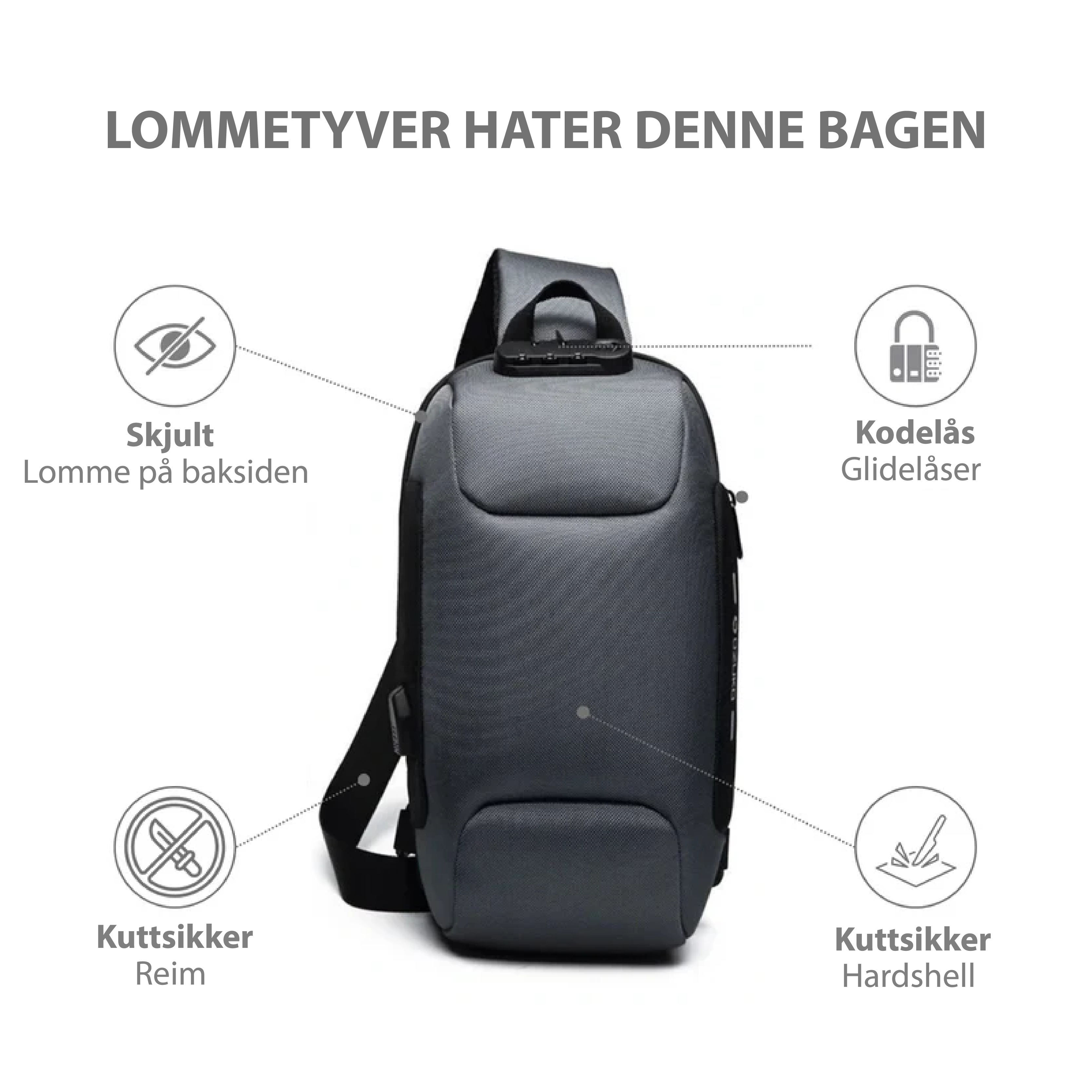 Tyverisikker Crossbody Bag med USB-ladeport