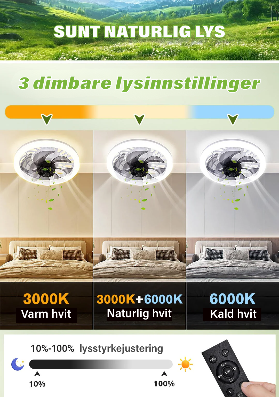 #2-i-1 Stillegående justerbart viftelys med fjernkontroll